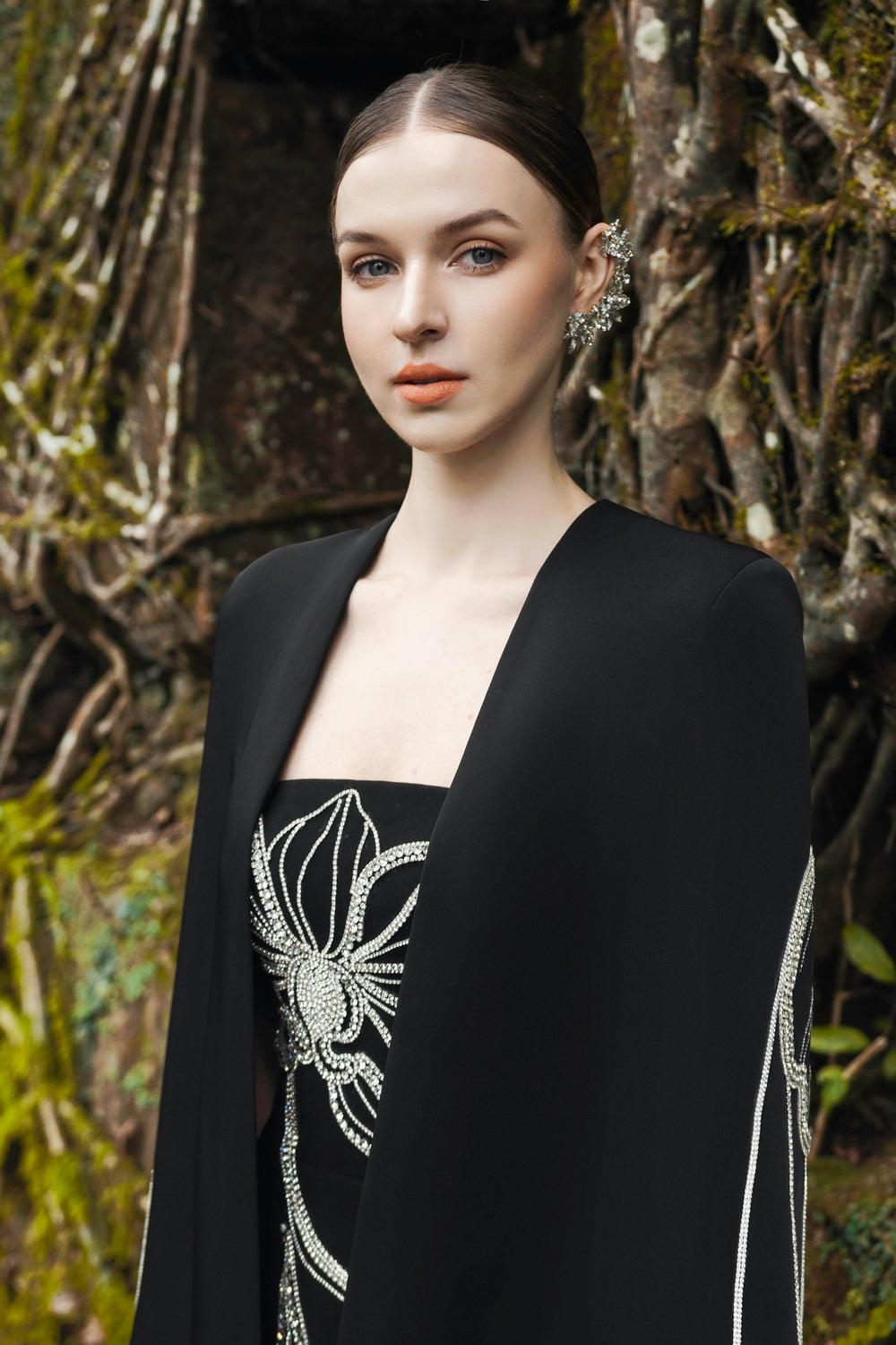 Crystal Embellished Long Back Cape With Strapless Crystal Embellished Dress Set